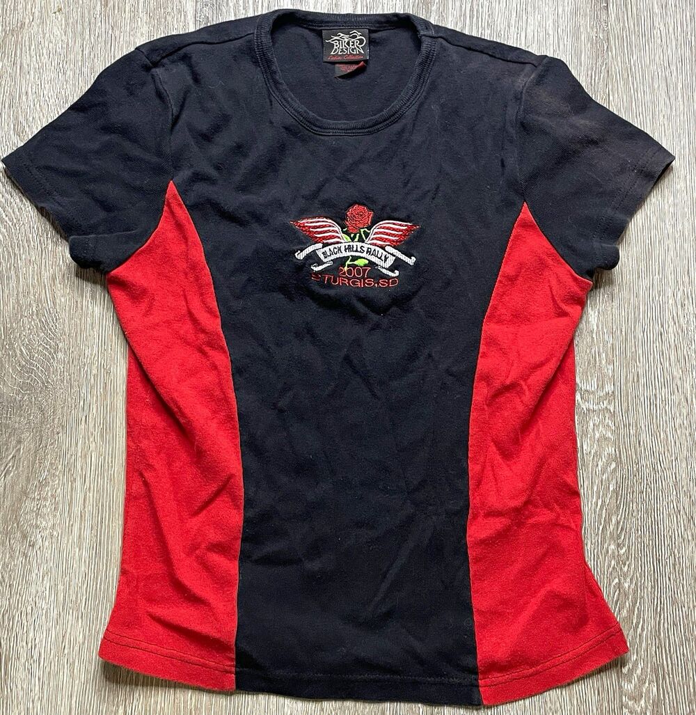 Biker Design Womens XL Black Red Colorblock Embroidered Crew Neck Tee